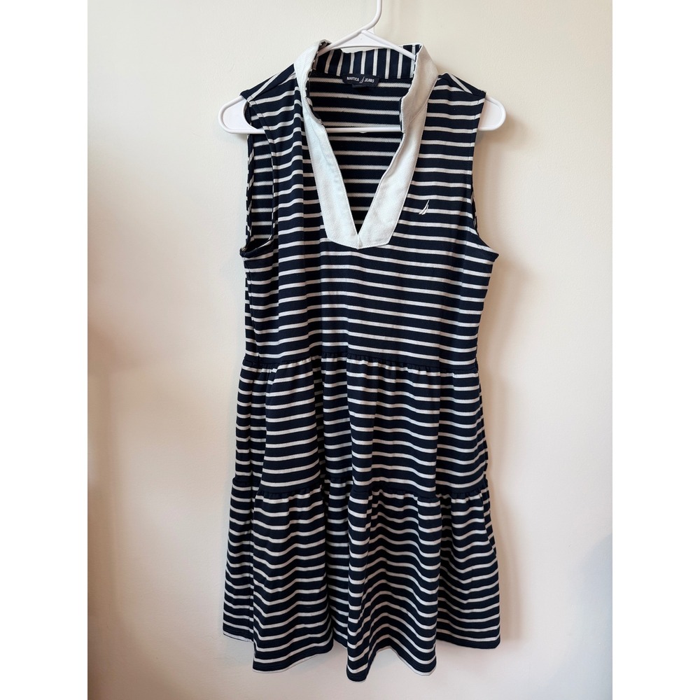 Nautica Jeans Womens Navy Blue White Striped Sleeveless Tiered Polo Mini Dress M
